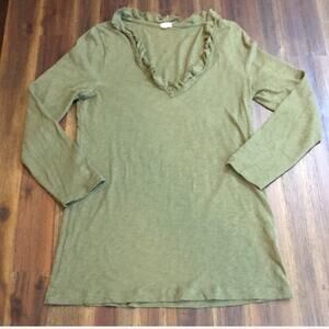 J Crew army green ruffle neck long sleeve top